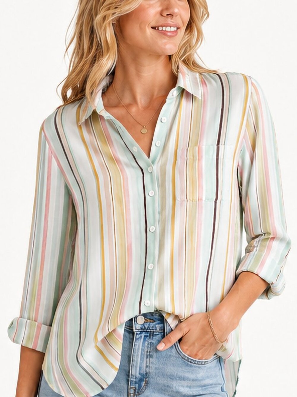 Rachel Zoe Striped Button Up Blouse Size M Pastel Collared Tunic Long Sleeve